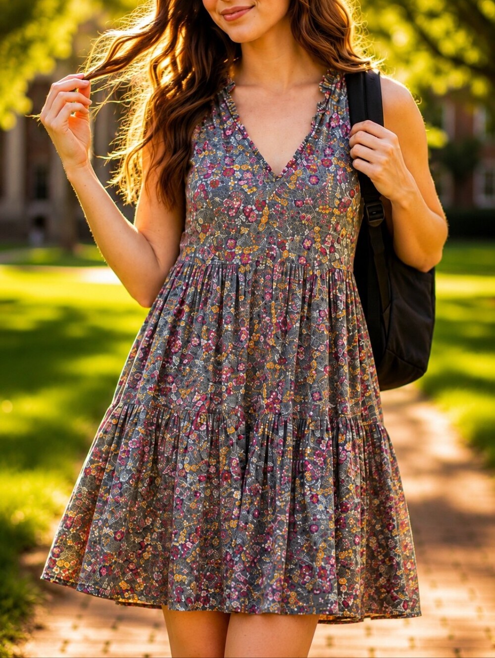 Floral Babydoll Tiered Ruffle Sleeveless Mini Summer Dress Fall Layering Small